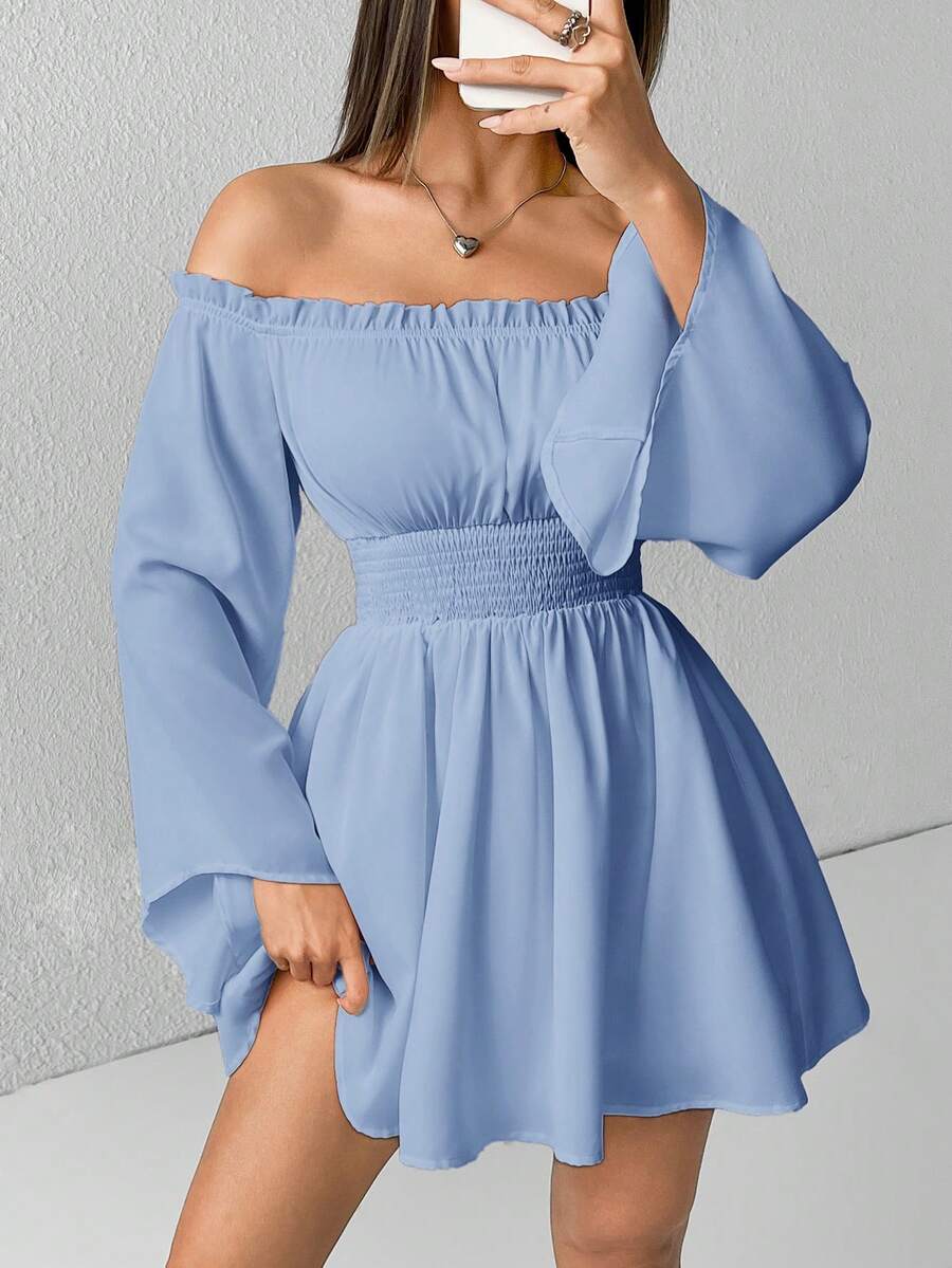 SHEIN PETITE 露肩荷葉邊飾寬袖喇叭袖白色洋裝、長袖藍色度假洋裝、露肩夏季洋裝,適合嬌小女性 - 霧霾藍 - 查看 1