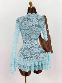 Amplova Vestido mini transparente de estilo hippie de escote bajo para mujer - Celeste - Ver 6