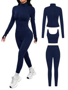 SHEIN PETITE 3件組棕色針織女款運動套裝，適合瑜伽、跑步、健身、日常穿著，秋冬女款3件式運動緊身褲套裝，適合嬌小女性 - 藏蓝色 - 查看 10