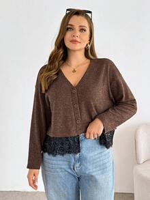 SHEIN Essnce Plus-Size Women's Elegant Black Autumn Tea Party Brown Long-Sleeved Top,Fashionable Casual Loose Comfortable Lace-Trimmed V-Neck Pullover T-Shirt - Brown - View 5
