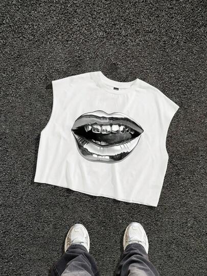 Manfinity ZONE917 Men's Fashionable Metal Lip Print Sleeveless White Oversized Cropped Tank Top, Suitable For Summer Wear, Gift For Friends