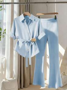 GlowEve Spring/Summer New Blue Short Sleeve Collared Shirt With Metal Buttons, Irregular Button Design, Elegant, Versatile, Paired With High Waist Flared Casual Pants, Simple Commuter Women 2 Pieces Set - Blue - View 1