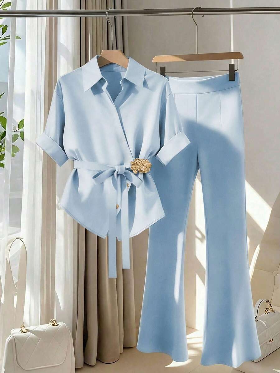 GlowEve Spring/Summer New Blue Short Sleeve Collared Shirt With Metal Buttons, Irregular Button Design, Elegant, Versatile, Paired With High Waist Flared Casual Pants, Simple Commuter Women 2 Pieces Set - Blue - View 1