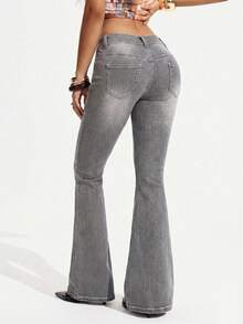 Flirla Celana Jeans Wanita Model Flare Berpinggang Sangat Rendah Warna Abu-abu, Cocok untuk Acara Santai Musim Dingin - Grey - View 2