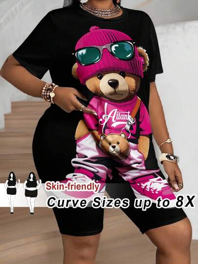 SHEIN CURVE+ 2pcs/Set Plus Size Women Casual Cute Cartoon Bear Short Sleeve T-Shirt And Shorts Set, Summer