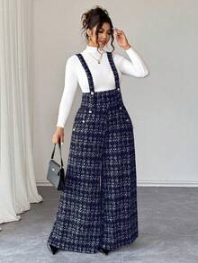 Elenzga 大码女士优雅格纹高腰精致金属扣带阔腿连体裤，适合日常穿着和通勤。 - 藏蓝色 - 查看 5