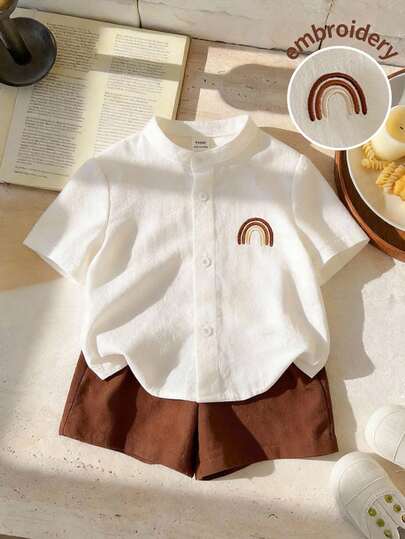 LMoss Kids LMoss Solid Color Woven Collared Casual Shirt And Shorts Two-Piece Set For Baby Boys, Made Of Pure Cotton, Soft And Comfortable.