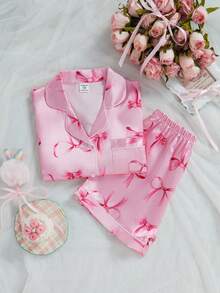2件套女童塔夫绸蝴蝶结印花短袖短裤睡衣套装，春夏款 - 粉色 - 查看 3