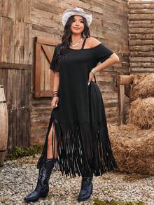 Ceyna Vestido casual largo con flecos para tallas grandes - Negro - Ver 6