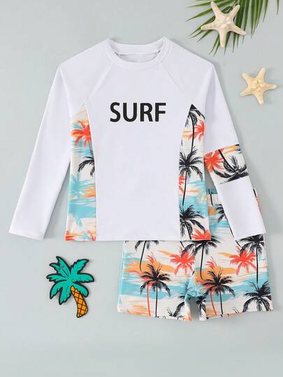 SHEIN Đồ bơi cho bé trai tuổi teen, nhiều màu (đen, xanh dương, cam), chất liệu vải dệt kim họa tiết cây cọ, áo dài tay và quần short, kiểu dáng thời trang, năng động, thích hợp cho bơi lội, kỳ nghỉ hè, bãi biển, hồ bơi, tiệc tùng.