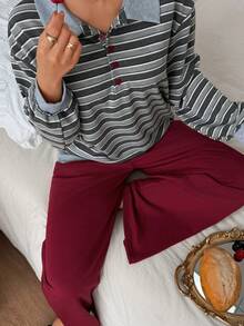 DAZY Striped Loose Lapel Top & Solid Red Pajama Pants Women Sleepwear Set - Grey - View 4