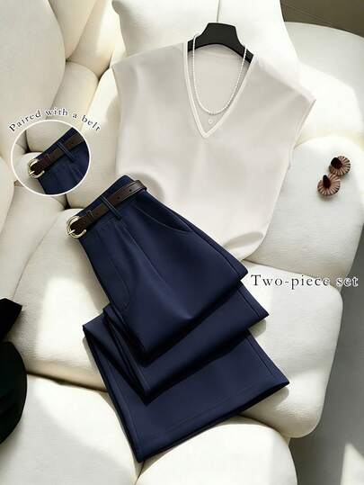 Franclia Women's Solid Color V-Neck Cap Sleeve Shirt And Pants Casual Commuter 2-Piece Set