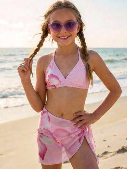 Tween Girls Bikini Sets Cute Girls Kid Ditsy Floral Triangle Top And Ruffle Trim Skirt Swimsuit Set (Assorted Print) Girls Floral Swim Suit Bikini Pink Pink Swimsuit 3 Piece Kid Flower Girls Beach Sets Three Piece Swimsuit Set Swimwear Girls Set Girls Floral Swimsuit Bikini Pink Summer Holiday