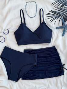 SHEIN Teen Girls Solid Color Bikini Set, Vacation & Beach - Navy Blue - View 6