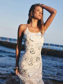 Opulessa Vestido de mujer con tirantes de cuentas de unicolor, adecuado para vacaciones de primavera/verano - Albaricoque - Ver 1