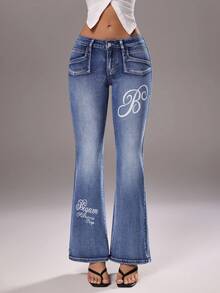 TRNVIE Women's Minimalist Print Low Waist Flare Leg Jeans - Blue - View 4