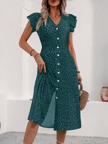 Balvessa 女士时尚V领系带腰身开衩下摆夏季度假连衣裙，新年服装，长款度假沙滩装 - 青碧色 - 查看 5