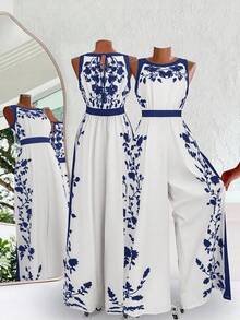 Ellevyn Bộ jumpsuit nữ thanh lịch hở lưng, dáng rộng, in họa tiết phối màu, thích hợp cho kỳ nghỉ. - Xanh và trắng - Xem 2