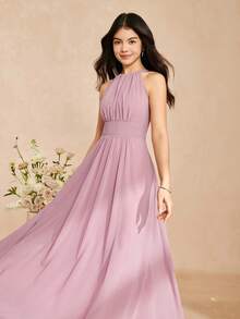 少女优雅雪纺露背褶皱长裙，适合毕业典礼、婚礼、舞会、正式场合，紫色 - 紫色 - 查看 5