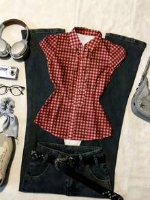 Glimmora 女士休闲格子印花衬衫，夏季 - 彩色 - 查看 4