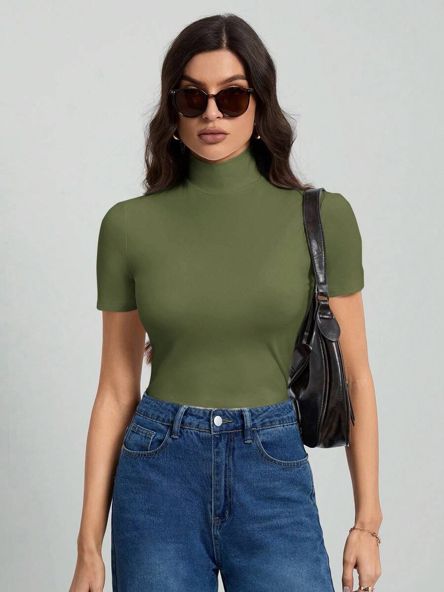 SHEIN Tall Áo thun nữ cổ cao tay ngắn màu đen trơn cơ bản - xanh quân đội - Xem 1