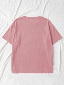SHEIN EZwear 宽松纯色圆领落肩短袖休闲T恤，莲藕粉色 - 藕粉色 - 查看 6