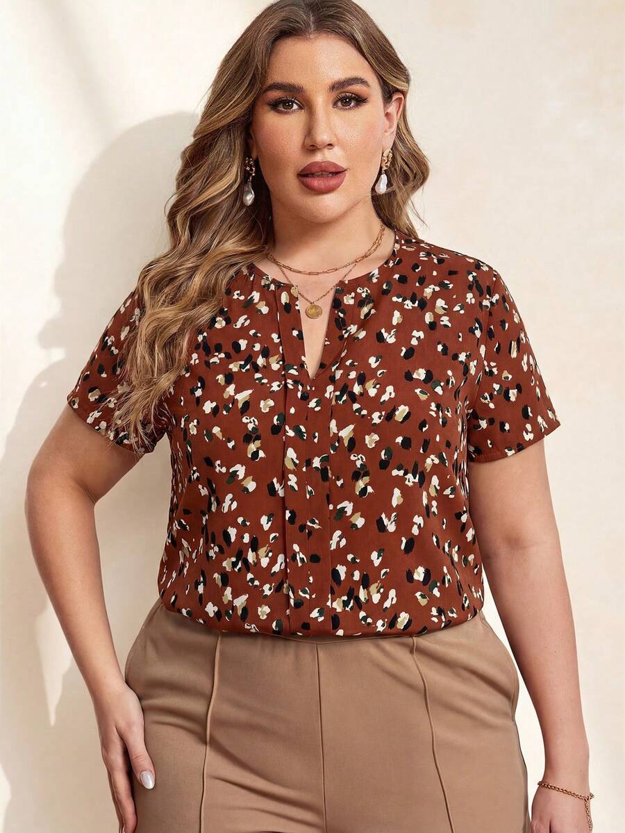 Chikora Plus Size All-Over Print Notch Collar Casual Short Sleeve Shirt - Multicolor - View 1