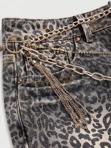 ROMWE Grunge Punk 大码 Y2K 豹纹闪光水钻链条装饰超迷你牛仔裙 - 鏽棕色 - 查看 3