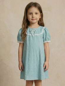PrepCrw 1pc Young Girls' Elegant Pearl 3D Floral Decor Loose Fit Collared Linen Dress,Blue Summer 7th Birthday Dusty Blue Heirloom Cyan Kids Party Outings - Pink - View 10