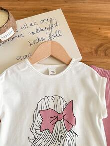 SHEIN LMoss Kids Bộ đồ 2 món mùa hè dễ thương cho bé gái: Áo thun ngắn tay và quần cạp chun màu xanh dương. - Hồng - Xem 4