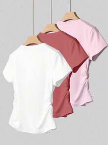INAWLY 3pcs/Set Women's Outdoor Sports Casual Summer Tops, White, Pink, Brick Red, Versatile Stylish Top, Suitable For Office, Home, Sports, Slim Fit Women T-Shirt - Multicolor - View 2