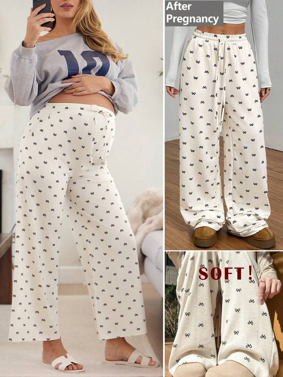 SHEIN 孕妇蝴蝶结印花抽绳腰带口袋阔腿宽松休闲裤 - 卡其色 - 查看 1