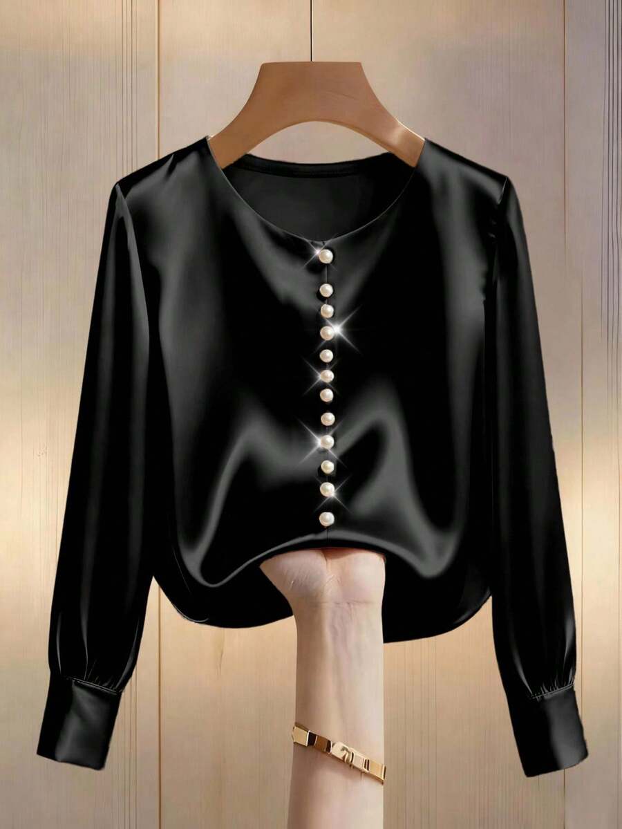 Franclia Áo kiểu nữ màu sâm panh cổ tròn tay dài đính ngọc trai, chất liệu satin, thích hợp cho công sở và mặc hàng ngày. - màu đen - Xem 1
