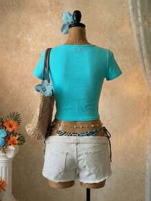 SaltGleam SaltGleam Casual Women's Blue Knitted Crop Top With Short Sleeves Scoop Neck Plant Print - Blue - View 2