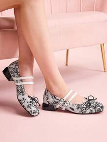 CUCCOO DOLLMOD Giày bệt nữ mũi vuông kiểu retro thanh lịch, thêu nơ, quai kép hình Mary Jane - Đen và trắng - Xem 4