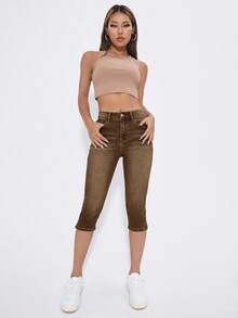 SHEIN Frenchy Women's Solid Color Minimalist Everyday Skinny Capri Length Jeans - Brown - View 5