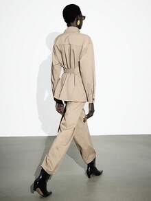 Lumivelle 2pcs/Set Women's Spring/Autumn Stand Collar Drop Shoulder Belted Top And Matching Wide Leg Pants, Fashionable Business Casual Outfit - Khaki - View 2