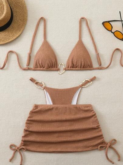 Swim Vcay 女士纯色纹理面料金属装饰抽绳褶皱性感比基尼三件套，沙滩度假