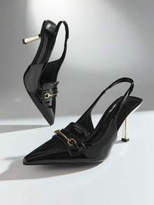 SHUZIA Women Elegant Pointy Toe Metal Chain Decor Stiletto Sling-Back Pumps - Black - View 3
