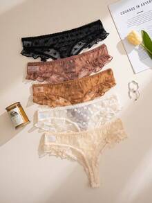 Conjunto de 5 piezas de bragas tipo tanga con volantes de malla jacquard con forma de corazón, una combinación dulce - Multicolor - Ver 2