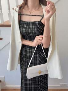 FRIFUL 女士格子印花修身优雅吊带长裙 - 黑與白 - 查看 4