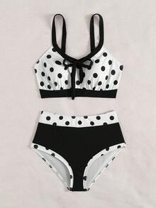 Swim Lushoire 2pcs/Set Women White With Black Polka Dots Bikini,High Waist Tummy Control Swimwear,Bowknot Off Shoulder Backless Summer Tropical Holiday Beach - Black and White - View 4