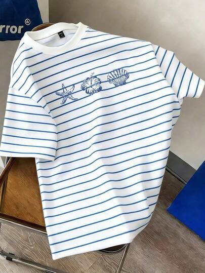 Manfinity Joysei Camiseta casual de hombre con estampado de concha, estrella de mar y flor de hibisco, adecuada para viajes al aire libre, fresca y versátil