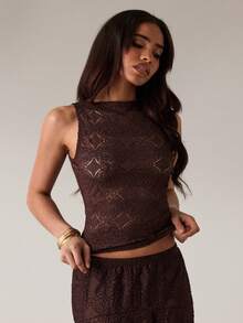 SHEIN BAE Casual Lace Hollow Textured Sleeveless Tank Top, Suitable For Leisure, Vacation, Beach, Brunch, Casual Wear - Brown - View 6