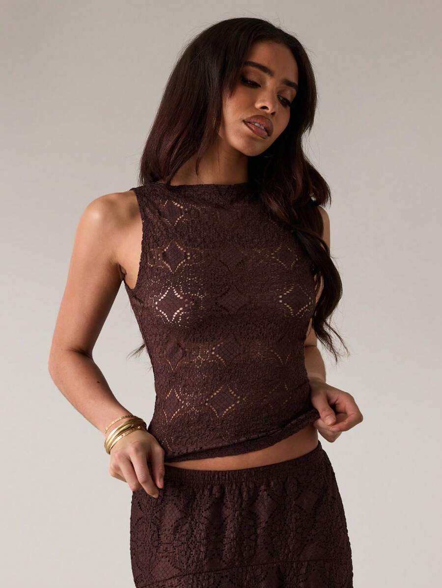 SHEIN BAE Casual Lace Hollow Textured Sleeveless Tank Top, Suitable For Leisure, Vacation, Beach, Brunch, Casual Wear - Brown - View 1