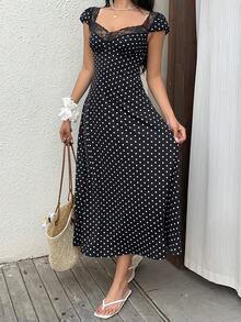 SHEIN PETITE 黑色针织波点印花蕾丝拼接心形领V领泡泡袖A字型长裙，娇小女款春夏度假海滩优雅甜美可爱浪漫休闲日常百搭 - 黑色 - 查看 6