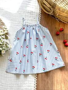 SHEIN Vintaside Kids 女婴彩色花卉丝带拼接条纹A字连衣裙，适合日常休闲和节日场合 - 藍色 - 查看 3