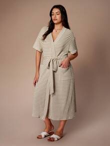 Lazeform Áo choàng dài tay ngắn có túi, chất liệu dệt kim jacquard kẻ sọc, dành cho nữ, cỡ lớn. - Màu be - Xem 5