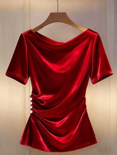 Franclia 女士纯色丝绒针织褶皱露肩修身短袖紧身红色T恤，丝绒针织面料，弹力舒适，适合情人节、约会、休闲、夏季穿着。