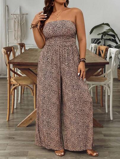 SHEIN VCAY Plus Size Leopard Print Halter Jumpsuit, Casual Holiday Style